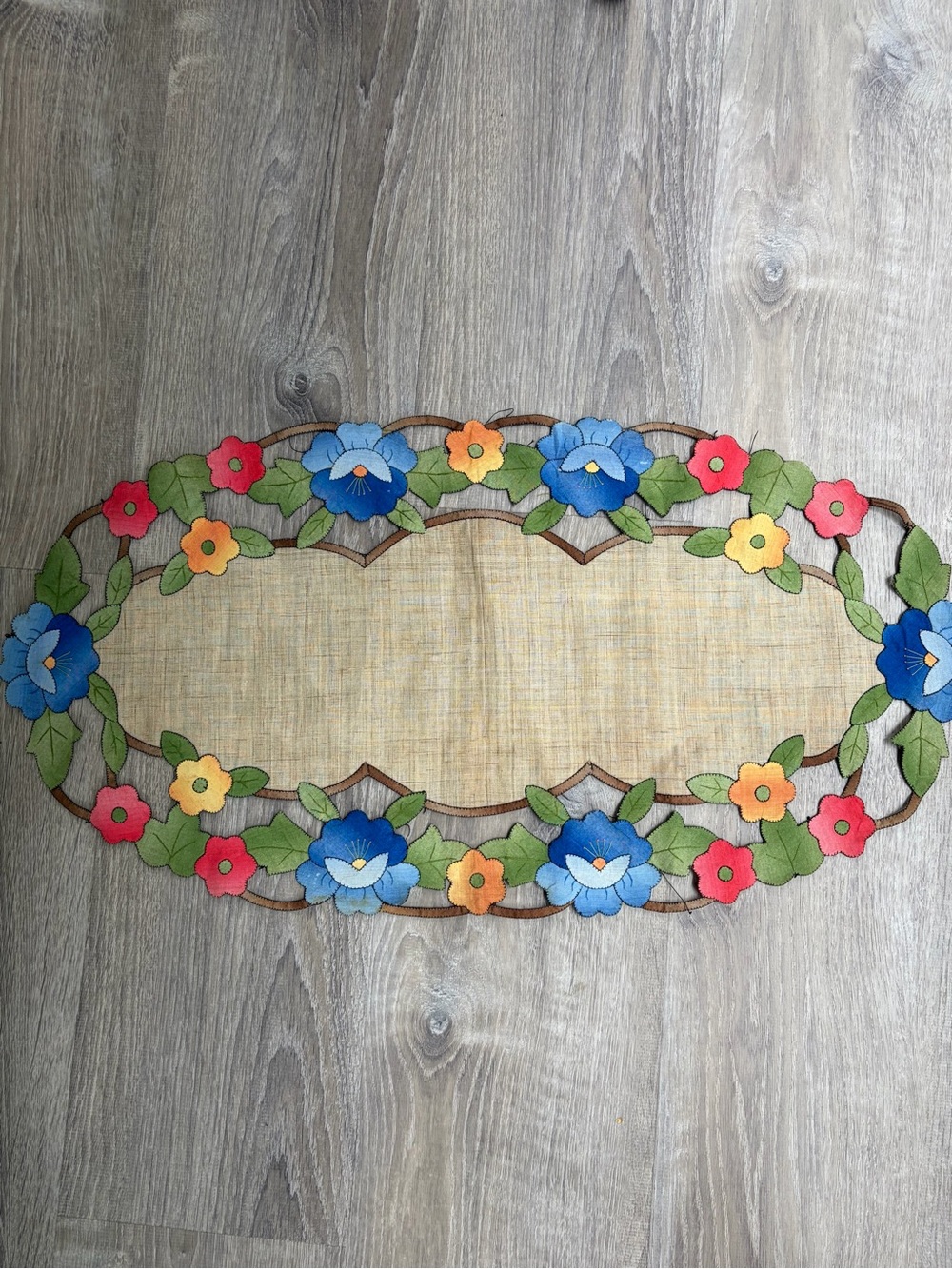 Hand-Embroidered Floral Table Runner in Blue, Pink, Yellow